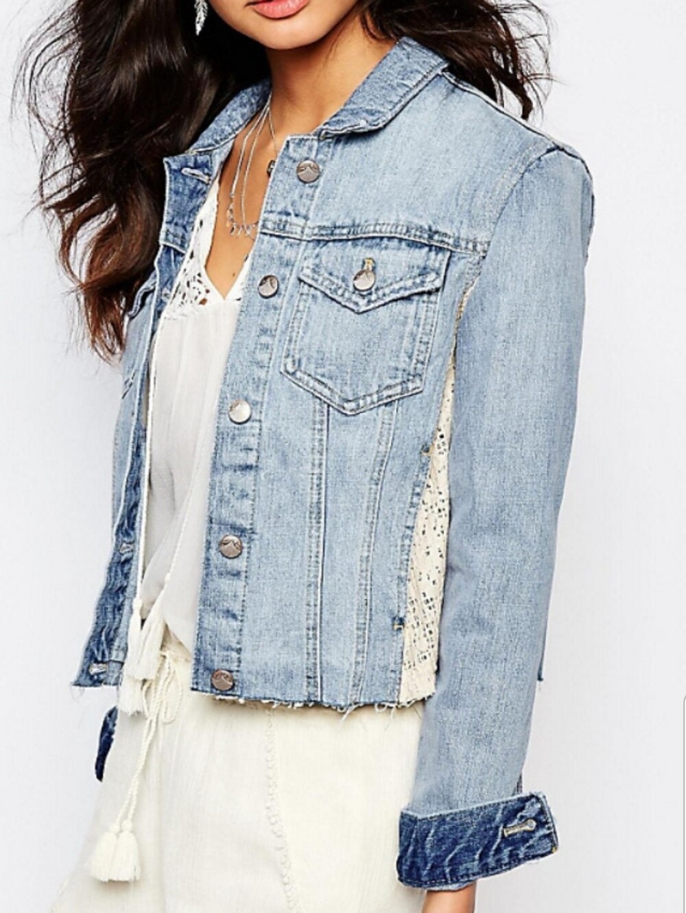Free People Lace Inset Raw Hem Denim Jacket Blue XS